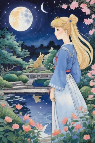 moonlit night,moon night,blue moon rose,mid-autumn festival,moon and star,lunar,hanbok,stars and moon,seerose,fairy tale,the sleeping rose,moon and star background,moonlit,dream world,sleeping rose,fairy tale character,moonlight,clear night,fantasia,fairy world,Illustration,Paper based,Paper Based 10
