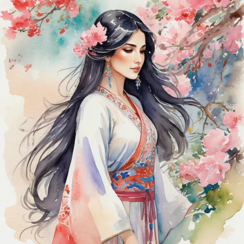 japanese floral background,jasmine blossom,oriental princess,hanbok,plum blossoms,apricot blossom,the cherry blossoms,oriental longhair,blossoms,floral japanese,spring blossoms,cherry blossoms,watercolor floral background,oriental painting,plum blossom,mulan,oriental girl,watercolor background,ao dai,girl in flowers,Illustration,Paper based,Paper Based 25
