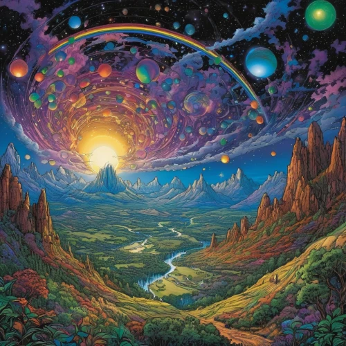 valley of the moon,scene cosmic,alien planet,planet alien sky,psychedelic art,planet eart,alien world,rainbow world map,pachamama,trip computer,universe,the universe,exo-earth,planetary system,space art,planet,the earth,astral traveler,dream world,vast,Illustration,American Style,American Style 04