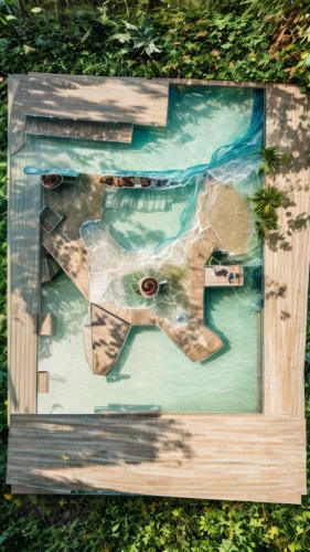 over water bungalows,infinity swimming pool,aerial view of beach,artificial islands,over water bungalow,japanese zen garden,island suspended,artificial island,volcano pool,atoll from above,view from above,diorama,swim ring,wooden mockup,outdoor table,dug-out pool,aerial view umbrella,outdoor pool,beach furniture,zen garden