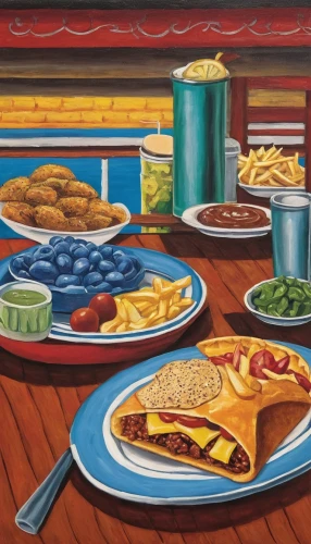 retro diner,breakfast table,food table,breakfast on board of the iron,placemat,food icons,still life with jam and pancakes,fried food,diner,the dining board,condiments,breakfast plate,hamburger set,foods,american food,kitchen table,picnic table,southern cooking,two-handled sauceboat,fast food restaurant,Art,Artistic Painting,Artistic Painting 02
