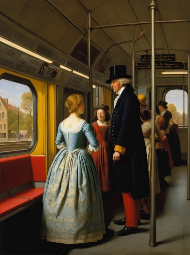 commuting,man in red dress,public transportation,carriage,spectator,public transport,commute,tram,the girl at the station,train ride,passenger car,museum train,the train,pilgrims,skytrain,sebastian pether,bougereau,orsay,the transportation system,anachronism,Art,Classical Oil Painting,Classical Oil Painting 41