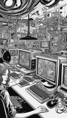 women in technology,computer room,sci fiction illustration,virtual world,panopticon,cyberspace,girl at the computer,control center,cybernetics,control desk,electronic market,computer art,industry 4,computer system,computer,telecommunications,working space,call centre,switchboard operator,trading floor,Illustration,Black and White,Black and White 18