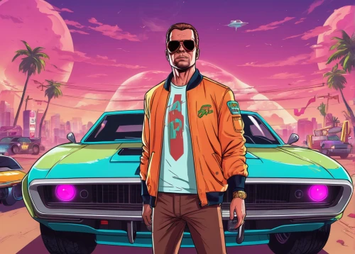 vector illustration,gangstar,80s,miami,80's design,game illustration,dealer,game art,vector art,soundcloud icon,would a background,sci fiction illustration,man in pink,cg artwork,neon human resources,retro background,bobby-car,background image,buick y-job,car hop,Illustration,Vector,Vector 19