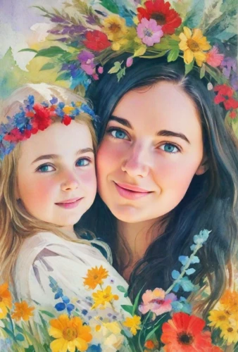 girl in flowers,flower painting,beautiful girl with flowers,oil painting on canvas,flowers png,little girl and mother,photo painting,oil painting,watercolor wreath,floral wreath,blooming wreath,watercolor pencils,floral greeting card,custom portrait,mom and daughter,flower background,wreath of flowers,flower girl,girl picking flowers,color pencil