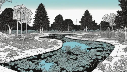 landscape plan,water courses,fluvial landforms of streams,pond,riparian zone,watercourse,thermal spring,underground lake,wetland,reflecting pool,brook landscape,water pollution,wastewater,wetlands,cover,puddle,riverbank,artificial island,outskirts,swampy landscape,Illustration,American Style,American Style 14
