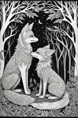wolf couple,two wolves,wolves,howling wolf,constellation wolf,fox and hare,foxes,werewolves,wolf's milk,woodland animals,the wolf pit,forest animals,wolf,howl,werewolf,canis lupus,canidae,wolf hunting,sun and moon,tapestry,Illustration,Black and White,Black and White 11