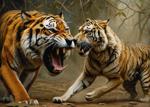 tigers,big cats,predation,oil painting on canvas,wild animals,oil painting,exotic animals,animals hunting,lionesses,hunting scene,two lion,carnivores,roaring,chestnut tiger,asian tiger,confrontation,animalia,male lions,scandivian animals,animal world,Illustration,Realistic Fantasy,Realistic Fantasy 09