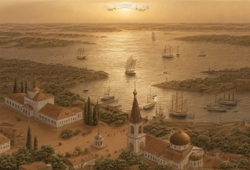 airships,constantinople,airship,ancient city,lev lagorio,caravel,zeppelins,peter-pavel's fortress,sailing ships,imperial shores,caravansary,background image,the ancient world,ancient egypt,genesis land in jerusalem,sea fantasy,panoramic landscape,sci fiction illustration,fantasy picture,aerial landscape,Architecture,Urban Planning,Aerial View,Urban Design