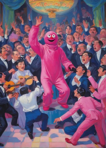 the muppets,sesame street,popular art,fête,a party,the pink panther,pink panther,puppet theatre,art,piñata,church painting,the pink panter,orchesta,ecstatic,magenta,mardi gras,masquerade,zunzuncito,oil on canvas,man in pink,Art,Classical Oil Painting,Classical Oil Painting 27