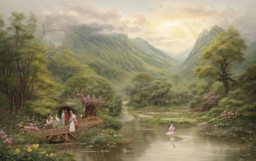 fantasy picture,fairy world,fairy village,fantasy landscape,fairy forest,idyll,landscape background,a fairy tale,children's fairy tale,fairy tale,forest landscape,idyllic,meadow landscape,romantic scene,river landscape,fairytale,fantasy art,faery,mountain scene,studio ghibli,Game Scene Design,Game Scene Design,Chinese Martial Arts Fantasy