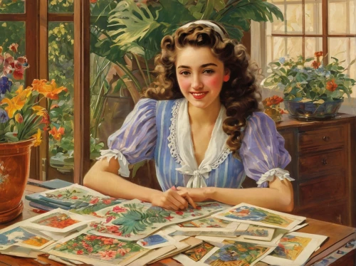girl picking flowers,girl in the garden,girl studying,girl at the computer,girl in flowers,flower painting,blonde woman reading a newspaper,meticulous painting,work in the garden,girl picking apples,vintage floral,emile vernon,floral frame,barbara millicent roberts,portrait of a girl,people reading newspaper,girl in a wreath,flower arranging,vintage art,reading the newspaper,Art,Classical Oil Painting,Classical Oil Painting 15