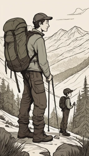 hiker,hiking equipment,mountain guide,backpacking,hikers,forest workers,mountaineers,adventurer,trekking poles,travelers,digital nomads,mountain rescue,backpacker,fjäll,outdoor recreation,mountaineering,mountain boots,mountaineer,pathfinders,trail searcher munich,Illustration,Black and White,Black and White 02