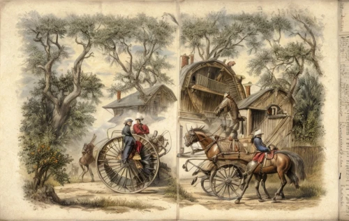 stagecoach,velocipede,covered wagon,girl with a wheel,man and horses,straw carts,hunting scene,horse and cart,horse-drawn carriage,village scene,horse-drawn vehicle,horse and buggy,woman bicycle,handcart,riding school,lithograph,game illustration,the pied piper of hamelin,pilgrims,straw cart,Game Scene Design,Game Scene Design,Medieval
