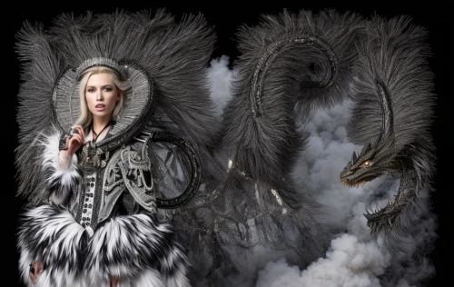 suit of the snow maiden,fur clothing,fur coat,feather headdress,the snow queen,imperial coat,shamanism,shamanic,fur,white feather,gypsy moth,dark angel,warrior woman,gryphon,prince of wales feathers,hawk feather,mourning swan,feathers,falconer,bird bird-of-prey,Product Design,Fashion Design,Women's Wear,Theatrical Opulence