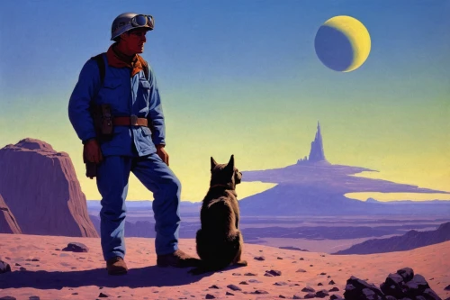 surveyor,guards of the canyon,mission to mars,traveller,man and horses,planet mars,dobermann,travelers,sci fiction illustration,patrols,lunar prospector,boy and dog,astronomer,the wanderer,moon valley,science fiction,cosmonautics day,astronautics,malinois,capture desert,Conceptual Art,Sci-Fi,Sci-Fi 16