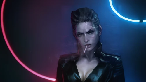 widowmaker,neon lights,scarlet witch,symetra,echo,digital compositing,neon light,electro,portrait background,katniss,aura,3d render,cg artwork,cinema 4d,catwoman,ultraviolet,transistor,callisto,smoke background,femme fatale