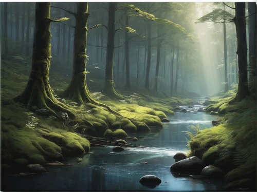 forest landscape,riparian forest,swampy landscape,green forest,fantasy landscape,forests,streams,forest background,world digital painting,germany forest,coniferous forest,river landscape,elven forest,brook landscape,forest glade,temperate coniferous forest,mountain stream,forest,the forests,green trees with water,Conceptual Art,Sci-Fi,Sci-Fi 25