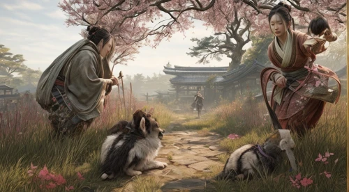 plum blossoms,yi sun sin,goki,the cherry blossoms,oriental painting,plum blossom,japanese art,sakura trees,japanese sakura background,chinese art,spring festival,game illustration,rabbits and hares,tsukemono,sakura tree,spring blossoms,cherry trees,spring greeting,japanese cherry trees,fantasy picture,Game Scene Design,Game Scene Design,Japanese Martial Arts