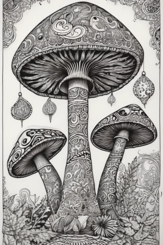 mushroom landscape,agaric,mushrooms,mushroom type,medicinal mushroom,toadstools,mushroom,cubensis,psychedelic art,mushroom island,forest mushroom,agaricus,amanita,champignon mushroom,mushrooming,tree mushroom,mushrooms brown mushrooms,fly agaric,hand-drawn illustration,toadstool,Illustration,Black and White,Black and White 11