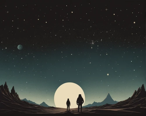 vintage couple silhouette,sci fiction illustration,moon and star background,travelers,the moon and the stars,couple silhouette,space art,stargazing,astronomers,moon and star,moons,earth rise,the stars,background image,lost in space,art background,falling stars,retro background,astronomer,barren,Illustration,Japanese style,Japanese Style 08