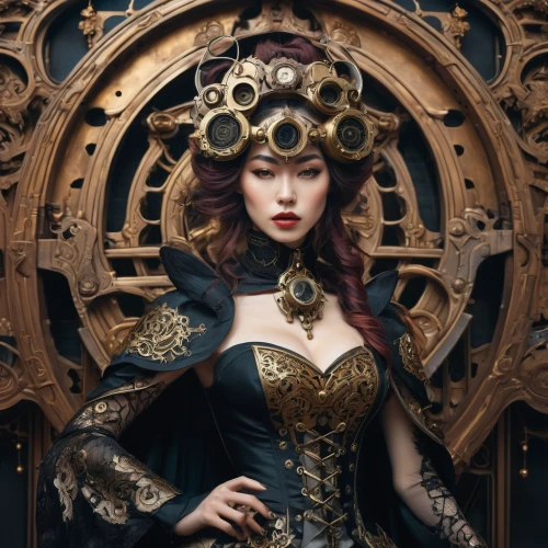 steampunk,steampunk gears,golden wreath,oriental princess,baroque,asian costume,ornate,masquerade,clockmaker,inner mongolian beauty,oriental painting,asian vision,priestess,golden crown,victorian lady,the carnival of venice,gold filigree,taiwanese opera,laurel wreath,vintage asian,Photography,Artistic Photography,Artistic Photography 12