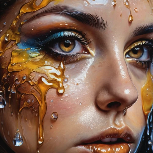 tears bronze,painted lady,gold paint stroke,angel's tears,fantasy art,dewdrop,oil painting on canvas,meticulous painting,golden eyes,teardrops,world digital painting,bodypainting,art painting,teardrop,oil painting,dew drop,droplet,gold paint strokes,gold leaf,body painting,Illustration,Realistic Fantasy,Realistic Fantasy 10