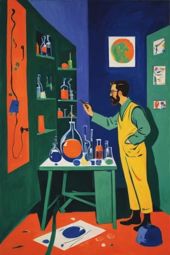 chemist,braque francais,laboratory,chemical laboratory,laboratory flask,meticulous painting,glass painting,laboratory information,aperol,braque saint-germain,art dealer,picasso,apothecary,man with a computer,dahl,laboratory equipment,painting technique,lab,erlenmeyer flask,self-portrait,Art,Artistic Painting,Artistic Painting 40