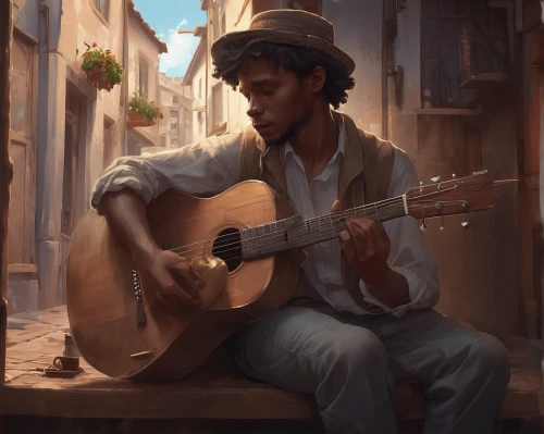 itinerant musician,street musician,jazz guitarist,cavaquinho,guitar player,musician,guitarist,street music,art bard,playing the guitar,street musicians,buskin,guitar,classical guitar,bard,stringed instrument,serenade,street performer,string instrument,world digital painting,Conceptual Art,Fantasy,Fantasy 01