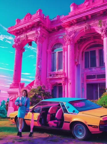 pink car,rv,80s,aesthetic,toyota ae85,pink city,1980's,80's design,retro car,real-estate,solar,1980s,pink flamingos,palace,ipê-rosa,lamborghini jalpa,garish,gangneoung,lamborghini countach,magenta,Conceptual Art,Sci-Fi,Sci-Fi 28