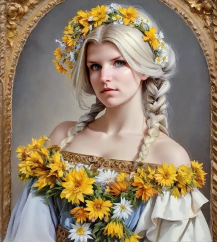 girl in a wreath,marguerite,jessamine,girl in flowers,beautiful girl with flowers,bouguereau,portrait of a girl,franz winterhalter,wreath of flowers,emile vernon,fantasy portrait,floral frame,girl picking flowers,flower crown of christ,portrait of christi,romantic portrait,floral wreath,young girl,fiori,young woman