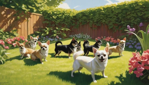 corgis,garden party,french bulldogs,dog illustration,color dogs,canines,herding dog,boston terrier,springtime background,schipperke,huskies,kennel club,pet portrait,spring background,cartoon flowers,kennel,bellflower family,clove garden,st bernard outdoor,border collie,Conceptual Art,Daily,Daily 08