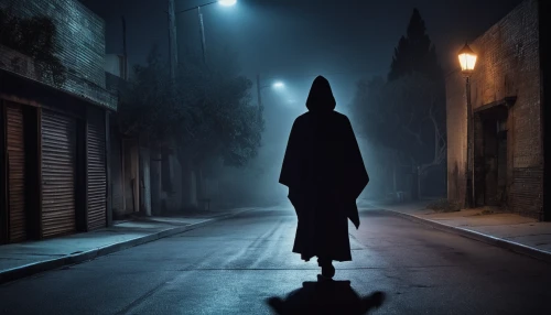 hooded man,slender,the nun,grimm reaper,sleepwalker,lamplighter,hooded,grim reaper,anonymous,mysterious,man silhouette,night image,cloak,mystery man,penumbra,abduction,black city,knife head,girl walking away,trench coat,Photography,Documentary Photography,Documentary Photography 24