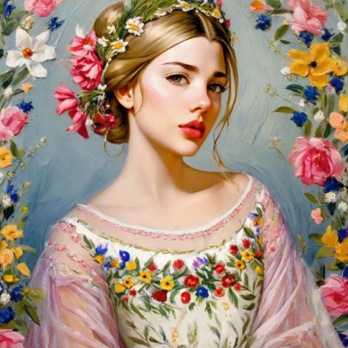 girl in flowers,beautiful girl with flowers,girl in a wreath,magnolia,wreath of flowers,flower girl,portrait of a girl,young woman,romantic portrait,floral wreath,flora,jasmine blossom,flower fairy,fantasy portrait,emile vernon,jessamine,girl in the garden,magnolia blossom,flower crown,flower painting