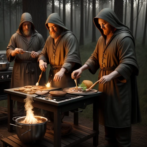 monks,dwarf cookin,outdoor cooking,three wise men,the three wise men,druids,cookery,cooks,the three magi,barbecue,campfires,digital compositing,cooking,three kings,wise men,nomads,chefs,campers,last supper,food preparation