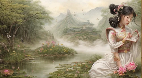 chinese art,sacred lotus,lotus blossom,fantasy picture,lotus flowers,water lotus,oriental princess,oriental painting,fantasy art,lotus hearts,lotus flower,lotus pond,oriental,oriental girl,golden lotus flowers,romantic scene,lotuses,dongfang meiren,love in the mist,mystical portrait of a girl,Game Scene Design,Game Scene Design,Chinese Martial Arts Fantasy