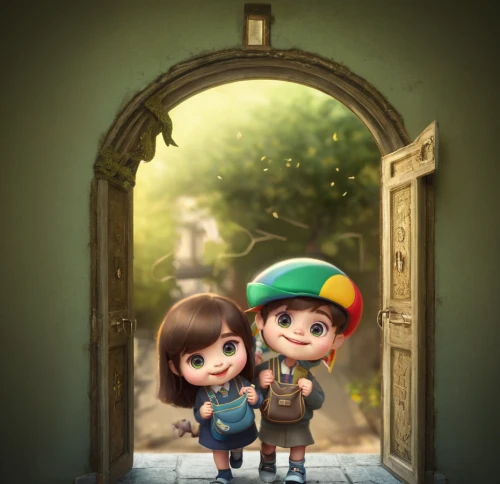 vintage boy and girl,little boy and girl,girl and boy outdoor,cute cartoon image,kids illustration,boy and girl,children's background,doll looking in mirror,little people,pinocchio,open door,3d fantasy,romantic portrait,cute cartoon character,fairy tale,game illustration,lilo,in the door,love story,childhood friends
