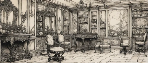 china cabinet,ornate room,art nouveau,apothecary,art nouveau frames,watercolor paris balcony,victorian style,doll's house,art nouveau design,stalls,interiors,tearoom,house drawing,royal interior,theater curtain,watercolor paris shops,dining room,theatre curtains,marble palace,baroque,Illustration,Retro,Retro 25