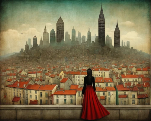 red cape,city scape,city ​​portrait,townscape,red coat,fantasy city,city cities,girl in a historic way,cityscape,city in flames,hamelin,castles,girl in a long dress,red gown,de ville,lady in red,paris clip art,gothic woman,man in red dress,sci fiction illustration,Illustration,Realistic Fantasy,Realistic Fantasy 35