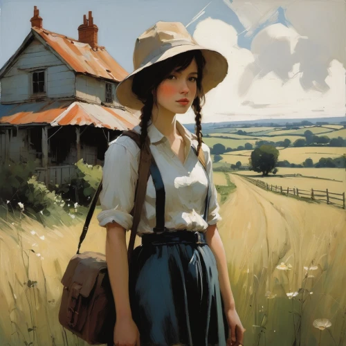 countrygirl,country dress,suitcase in field,girl wearing hat,girl with bread-and-butter,woman with ice-cream,farm girl,the girl at the station,prairie,vintage girl,milkmaid,pilgrim,woman's hat,straw hat,girl in the garden,sun hat,girl in a historic way,panama hat,england,high sun hat,Conceptual Art,Fantasy,Fantasy 10