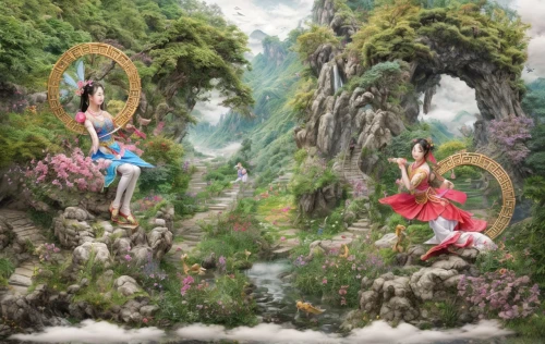 fairies aloft,elves flight,fantasy picture,fairy world,fairies,3d fantasy,vintage fairies,chinese art,taiwanese opera,oriental painting,qi gong,guizhou,hanging elves,fantasy world,children's fairy tale,fantasy art,world digital painting,garden of eden,spring festival,happy children playing in the forest,Game Scene Design,Game Scene Design,Chinese Martial Arts Fantasy