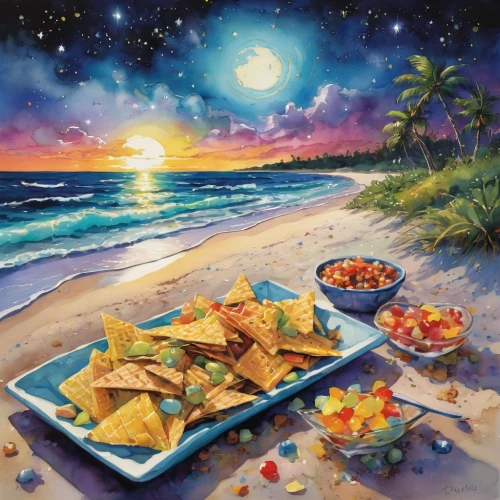beach restaurant,nachos,summer foods,saladitos,mexican foods,tacos food,mexican holiday,chips,dream beach,tortilla chip,tex-mex food,romantic dinner,mexican tradition,pescado frito,mexican food,tacos,beach landscape,latin american food,aromas,sea foods,Illustration,Paper based,Paper Based 03