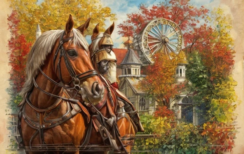 autumn chores,autumn background,fall landscape,autumn theme,horse-drawn,colorful horse,horse drawn,horse carriage,horse-drawn carriage,autumn landscape,vintage horse,horse and buggy,horse and cart,stagecoach,painted horse,autumn idyll,autumn scenery,autumn colouring,carnival horse,autumn frame,Game Scene Design,Game Scene Design,Renaissance