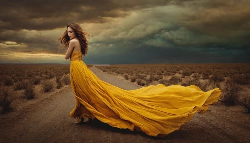 yellow sky,girl in a long dress,yellow grass,conceptual photography,yellow orange,gold yellow rose,yellow rose,yellow,photo manipulation,girl on the dune,yellow color,yellow rose background,yellow petal,golden rain,yellow skin,yellow sun rose,photomanipulation,girl walking away,yellow garden,yellow bell,Photography,Artistic Photography,Artistic Photography 14