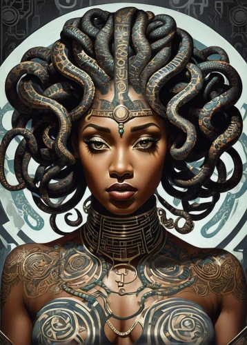 medusa,gorgon,medusa gorgon,zodiac sign libra,horoscope libra,voodoo woman,the zodiac sign pisces,zodiac sign gemini,black woman,twists,african art,artificial hair integrations,horoscope pisces,sci fiction illustration,african american woman,fantasy art,coils,african woman,priestess,warrior woman,Illustration,Realistic Fantasy,Realistic Fantasy 21