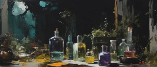 potions,oils,bottles,glass bottles,glass jar,glass painting,still life,glass series,still-life,empty bottle,apothecary,summer still-life,perfume bottles,potion,wine bottles,studies,glass bottle,liquids,creating perfume,painterly,Conceptual Art,Oil color,Oil Color 01