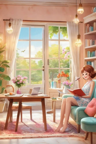 girl studying,tea and books,coffee and books,the little girl's room,cg artwork,breakfast room,sci fiction illustration,summer evening,reading,relaxing reading,idyllic,little girl reading,summer day,breakfast table,tearoom,study room,dandelion hall,playing room,game illustration,idyll,Illustration,Japanese style,Japanese Style 19