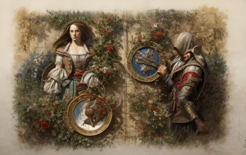 way of the roses,wreath of flowers,the order of the fields,floral greeting,golden wreath,noble roses,floral wreath,wreath,rose wreath,fairy tale icons,fantasy art,flower delivery,fantasy portrait,musketeers,florists,accolade,three flowers,cg artwork,mirror in the meadow,medieval,Game Scene Design,Game Scene Design,Renaissance