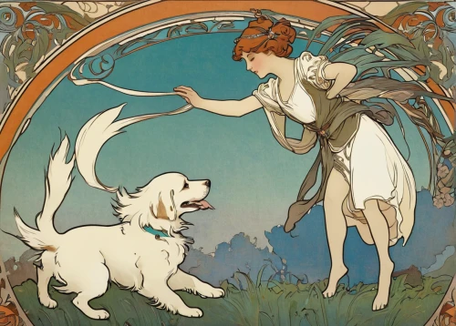 mucha,kate greenaway,girl with dog,art nouveau,art nouveau design,alfons mucha,clumber spaniel,boy and dog,art nouveau frame,kennel club,canidae,hanover hound,art nouveau frames,basset artésien normand,dog illustration,bruno jura hound,basset fauve de bretagne,transylvanian hound,vintage illustration,companion dog,Illustration,Retro,Retro 03