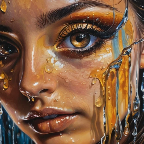 tears bronze,oil painting on canvas,gold paint stroke,dripping,angel's tears,meticulous painting,oil painting,teardrops,gold leaf,gold paint strokes,golden rain,wet girl,painting technique,surface tension,oils,art painting,oil on canvas,water nymph,golden eyes,drips,Illustration,Realistic Fantasy,Realistic Fantasy 10
